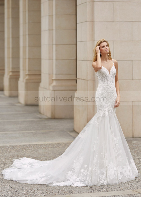 Sexy Beaded Ivory Lace Tulle V Back Wedding Dress